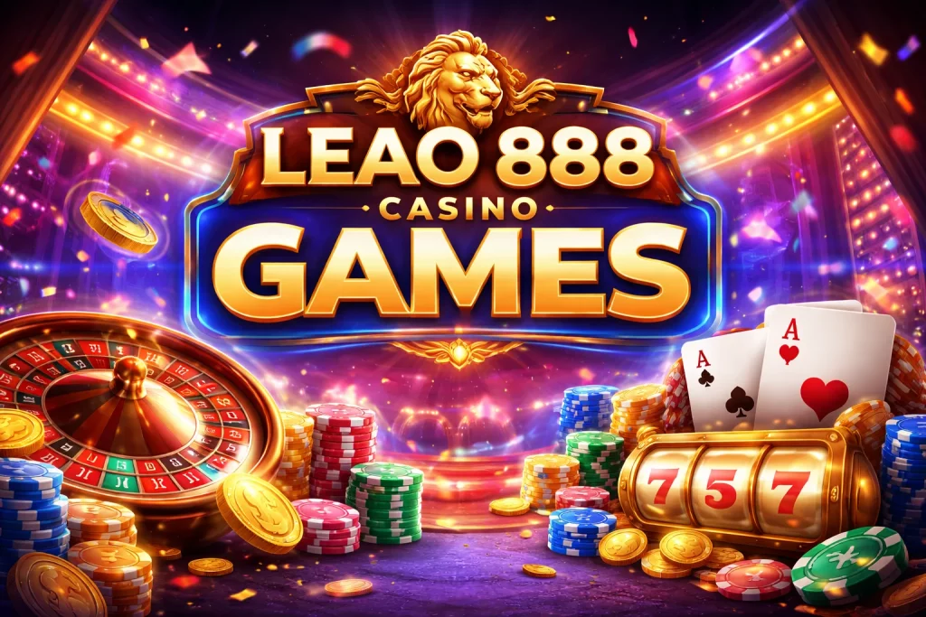Leao 888 Casino Games com roleta, cartas, fichas coloridas, moedas douradas e máquina de slots em destaque em ambiente vibrante de cassino online