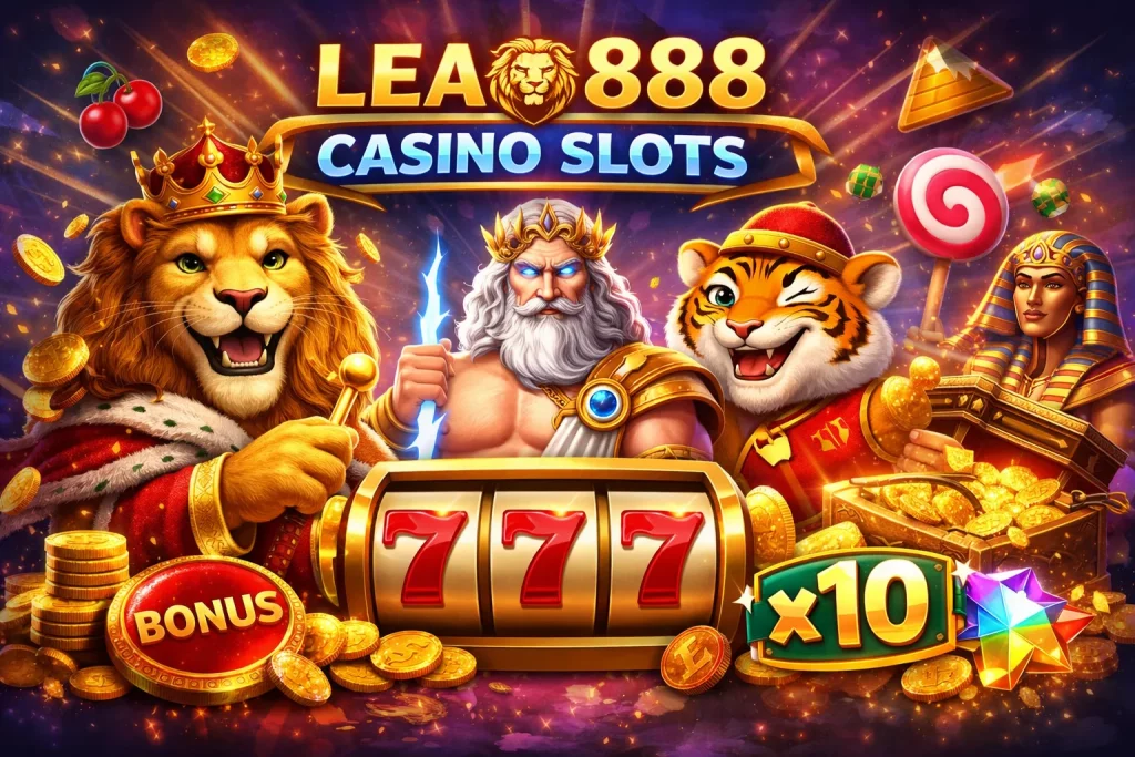 Catálogo de Slots do Leao 888 Casino apresentado com visual chamativo, detalhes dourados, símbolos clássicos e clima envolvente de jogo online